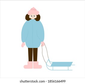 Girl wrapped in a blue jacket, in a pink hat and with a sled, isolated on a white background. Winter illustration of a frozen child in vector.