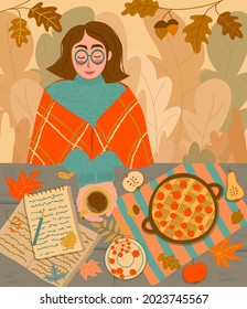 Girl wrapped in a cozy plaid is sitting in the autumn garden with a mug of hot coffee in her hands. Notebooks, apples, pears, autumn leaves and pie with berries on the table. Vector illustration