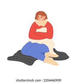 Girl wrapped herself in blanket and warm sweater. Sitting on rug and freezing with dissatisfied face. Crisis and economy concept. Female character in flat style. Isolated woman.