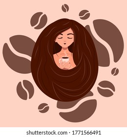 The girl is wrapped in long hair, with her eyes closed, enjoying the aroma of coffee and holding a mug of hot coffee in her hands .