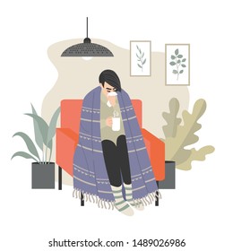 A girl wrapped in a plaid suffering from chills and a runny nose. Vector illustration in flat style for banner or flyer design.