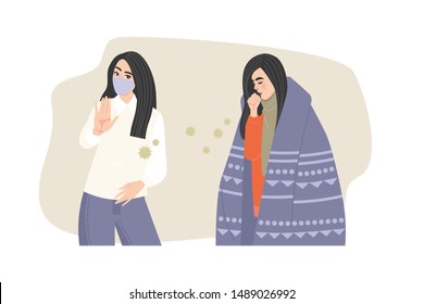 A girl wrapped in a plaid suffering a cough and a girl in a medical mask. Virus protection. Vector illustration in flat style for banner or flyer design.