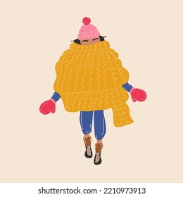 The girl is wrapped in a scarf. Snowy winter weather, Cozy clothes concept.  Trendy Vector illustrations 