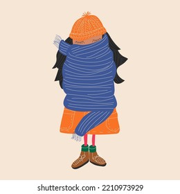 The girl is wrapped in a scarf. Snowy winter weather, Cozy clothes concept.  Trendy Vector illustrations 