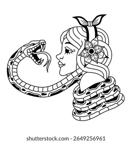 girl wrapped in wild snake.old school classic tattoo illustration