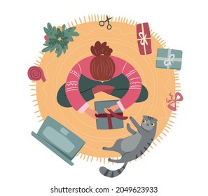 Girl wraps Christmas presents. Top view of a girl and cat wrapping xmas gifts on white background. Flat vector illustration