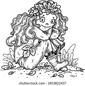 Girl in a wreath of autumn leaves. Vector illustration, ink work.