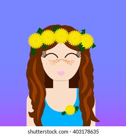 Girl in a wreath from dandelions, vector EPS 8