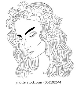 girl in a wreath of flowers b.w.