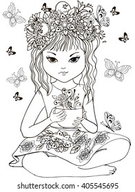 Girl in a wreath of flowers with a cup of flower tea for anti Stresa Coloring.