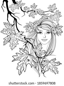 Girl in a wreath of maple leaves.Cutting pattern in black white tones.