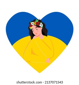 A girl in a wreath on the background of a heart with the colors of the flag of Ukraine. the concept of "stay with Ukraine". Support for Ukraine.There is no war.Ukraine in the heart.Vector illustration