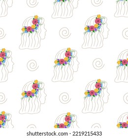 Niña con un patrón sin costura. Ilustración vectorial para fondos, cubiertas y embalaje. La imagen se puede usar para tarjetas de felicitación, carteles, pegatinas y textiles. Aislado sobre fondo blanco.