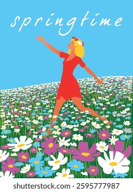 Girl in a wreath of wild flowers running through a flowering meadow. Springtime's poster or banner. Handmade drawing pop art style vector illustration.