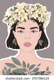 girl in a wreath of yellow flowers. leaves instead of clothes. unity with nature. vector flat modern illustration. for poster, magazine cover, book, postcard
