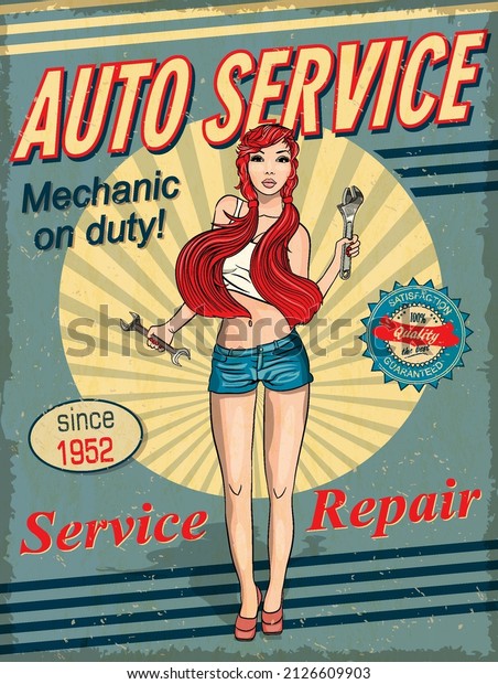 Girl with wrench .Garage vintage poster.\
vector illustration.
