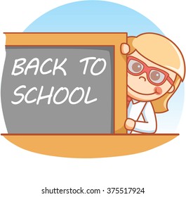 Girl write back to school on black board