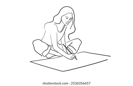Mädchen schreiben durchgehende Linie Kunst Zeichnung einzeln auf weißem Hintergrund. Schöne Dame Umriss. Vektorgrafik	