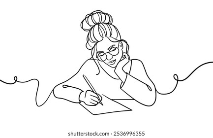 Girl write continuous line art drawing isolated on white background. Beautiful lady outline. Vector illustration	