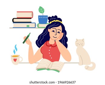 Girl writes diary. Student home study, dreaming female character. Young woman sit at desk and drawing or writing in notebook. Cat and books vector concept