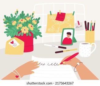 The girl writes a love answer to her boyfriend. The girl writes a letter at her desk. Bouquet and envelope for Valentine's day with hearts inside. flat vector illustration