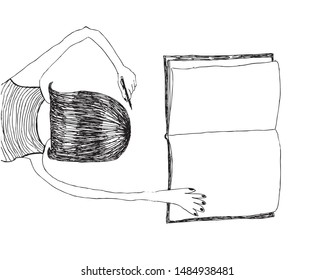 girl writes in a notebook black and white picture without background primitive liner vector