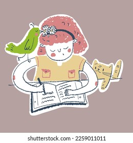 The girl writes in a notebook. Next to her is a bird and a cat. Vector illustration with cartoon style.