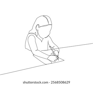 Girl writes on a piece of paper, draws, schoolgirl one line art. Continuous line drawing of online learning, knowledge, cognition, school, kindergarten, education.