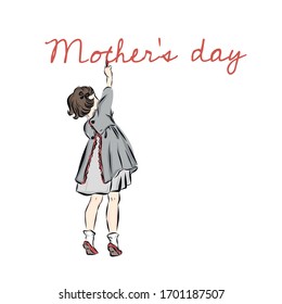 Girl writes on the wall a congratulation on mother's day. Hand drawn clip art vintage child. 