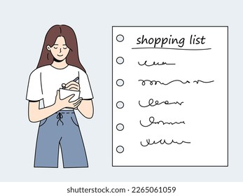 Girl writes shopping list simple vector illustration. A woman stands with list of products, large sheet of shopping list.  Young woman with pen in her hands writes on a piece of paper.