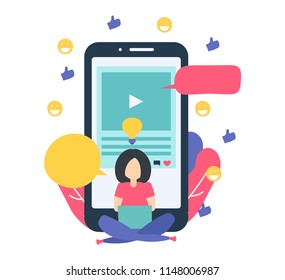 The girl writes in social media. Photo video blog concept. Writes comments. People leave good review for her site online product or service. Mobille technology. Vector illustration.