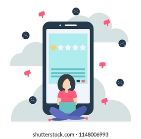 The girl writes in social media. Photo video blog concept. Read comments. People leave bad review for her site online product or service. Mobille technology. Woman cry. Vector illustration.
