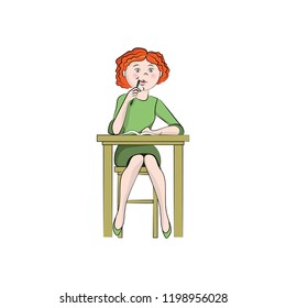 The girl writes at the table. Vector color illustration.