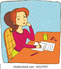 Girl writes and thinks