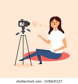 The girl writes a video blog on a SLR camera. Modern blogger. Vector