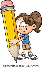 Girl writing with a big pencil. Vector clip art illustration with simple gradients. All in a single layer.