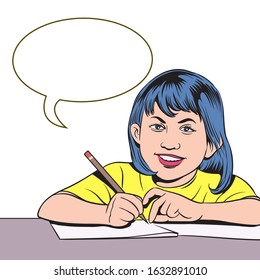 A girl writing a book. Pop art  retro vector illustration comic on a white background.