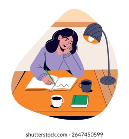 A girl writing diary, flat style illustration