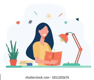 Girl writing in diary or journal isolated flat vector illustration. Cartoon teenager reading book or studying. Lifestyle and education concept