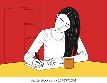 Girl Writing Enthusiastically at Work Desk - Minimalist Vector Illustration