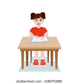 girl are writing, kids doing homework, maths at home. Cartoon cute little boy in red shirt Siting on the desk. The concept of learning age. Vector illustrations isolated on white background. eps 10