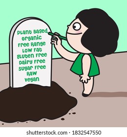 Girl Writing List Of Food Based Dietary Patterns On Gravestone. Disruption In Daily Eating Patterns And Habits Concept Card Character illustration