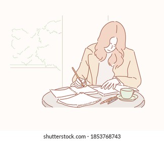 girl writing notes, drinking coffee in cafe. Hand drawn style vector design illustrations.