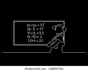 Girl writing on a blackboard isolated line drawing, vector illustration design. Education collection.
