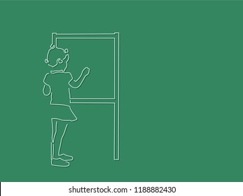 Girl writing on a blackboard isolated line drawing, vector illustration design. Education collection.