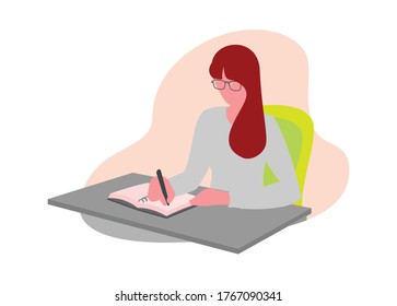 A girl writing on a book. Simple flat illustration