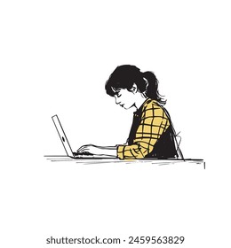 girl writing on laptop sketch illustration