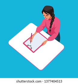 Girl writing on paper flat vector illustration. Female manager planning tasks, activities cartoon character. Designer, freelancer starting new project. Mother preparing to-do list, products purchase