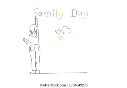 Girl writing on the wall "Family Day". Line drawing vector illustration.
