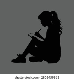 Girl writing silhouette vector sitting with notebook for education, learning, study, and creative writing concepts.